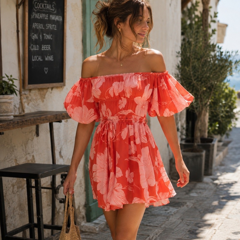 NWT Gigi & Ella Floral Off Shoulder Puff Sleeve Mini Dress Coral Pink 6